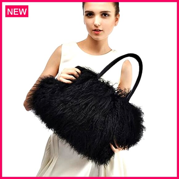 Luxury Real Lamb Mongolian Fur Shoulder Bag With Genuine Leather Handles - Picture 3 of 8